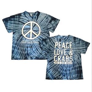 VTG 90s Blue Tie Dye Joe's Crab Shack Peace Love & Crabs TShirt Medium